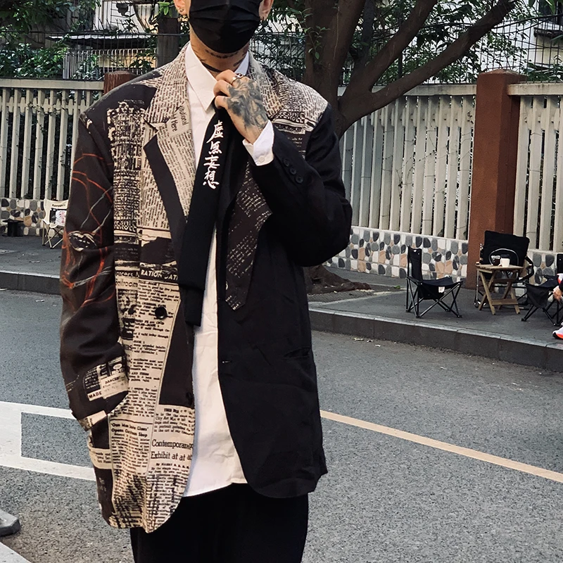 FANTASTION Unisex Vintage Style Blazer Oversized linen Jacket Light Luxury Newspapers Print Casual Fashion coat Blazers