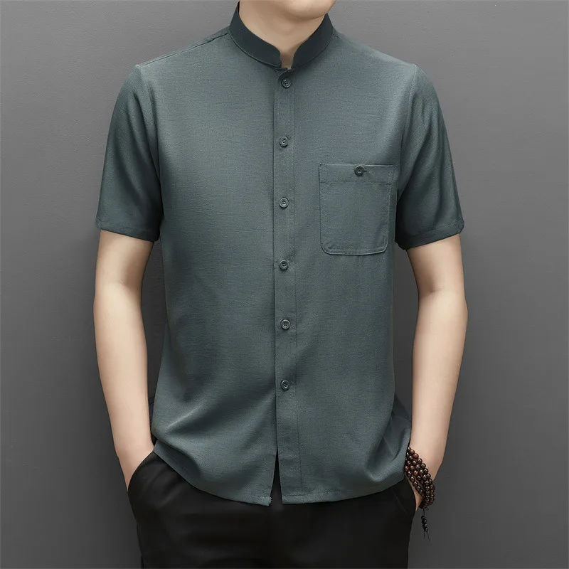 

Рубашки с воротником-стойкой в китайском стиле для мужчин с коротким рукавом, легкий в уходе, летнее качество, мягкие удобные однотонные модные рубашки Camisas De Hombre