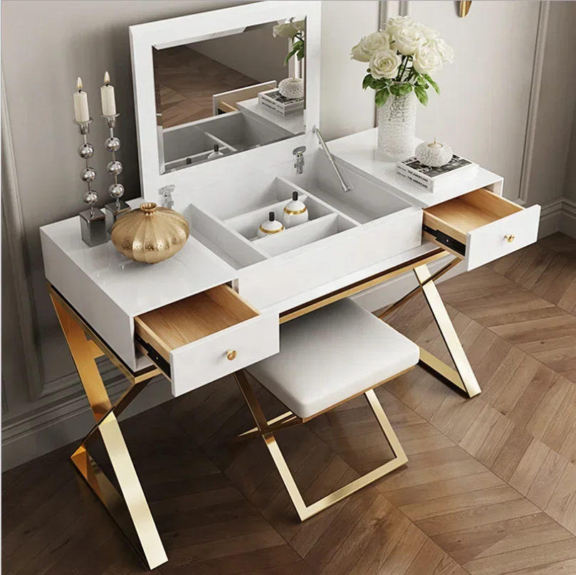 

# Docarelife Современный туалетный столик для спальни из нержавеющей стали Роскошный комод для макияжа с зеркалом с подсветкой и табуреткой для хранения в комплекте