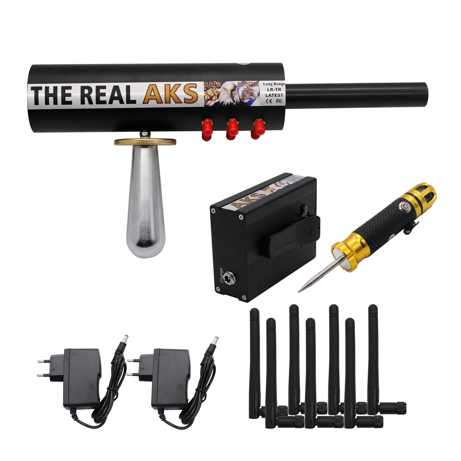 Black AKS Long Range Gold Detector with Plastic Case for Silver Gem Diamond Search with Filter 6 Antennas