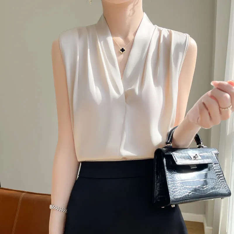 Womens Tops Blouses Solid Color White Satin Blouse Office Shirt Blusas Sleeveless Women Shirts Black White Female YTM A31