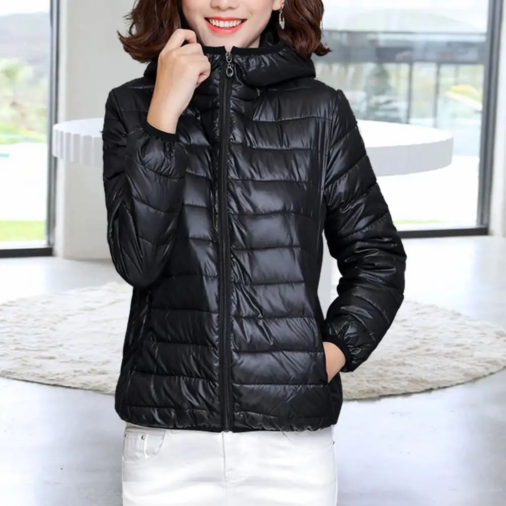 Women Fall Winter Coat Padded Hooded Thick Long Sleeve Warm Solid Color Smooth Pockets Cardigan Lady Cotton Coat Jacket