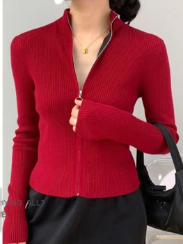 Women's Zip-Up Knit Cardigan Sweater 2 Spring Autumn Zipper Cardigan Women Sweaters Knitted Long Sleeve Stand-up Collar Tops Korean Fashion Short Sweater for Female 2
