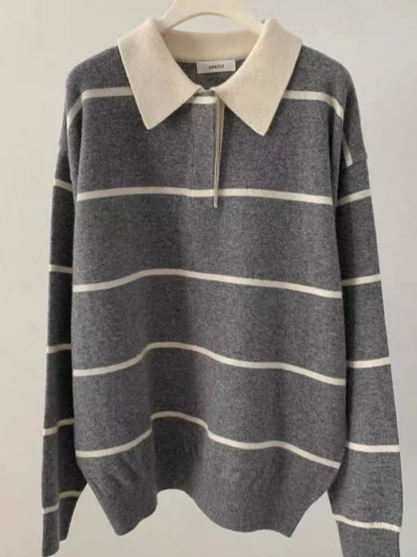 

Color Block Striped Neck Knitted Sweater Women's Regular Thickness Printed Fabric Contrast Color Stitching Autumn Season