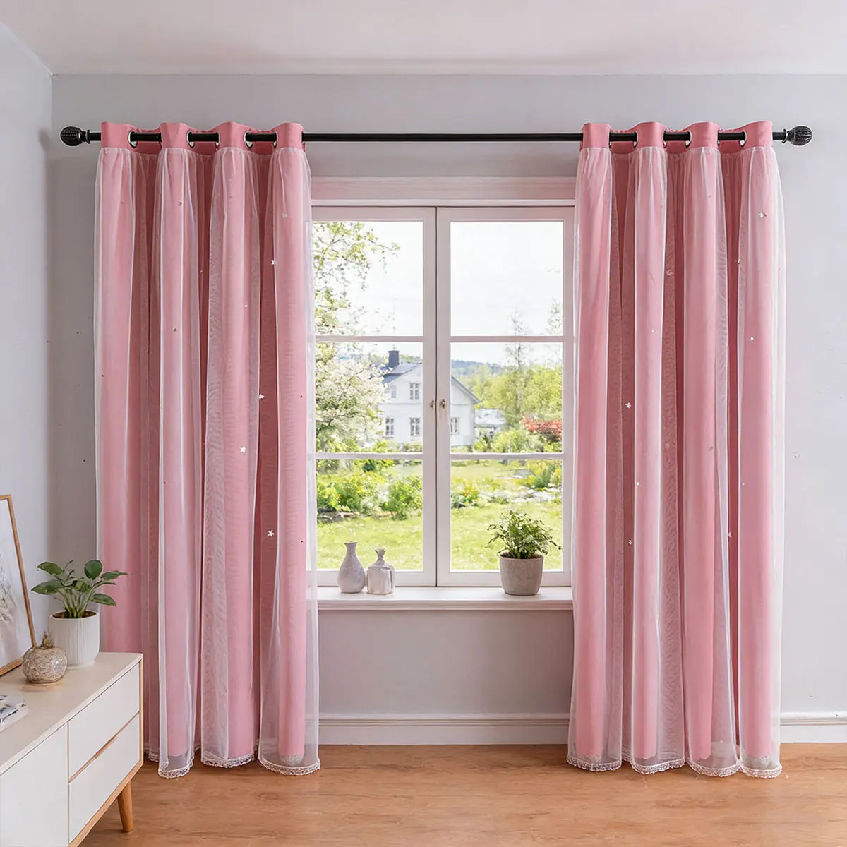 Pink Star Cutout Double‑Layer Grommet Curtains 2pcs, Sheer Overlay Window Drapes, Cute Decor Curtain for Girls Bedroom