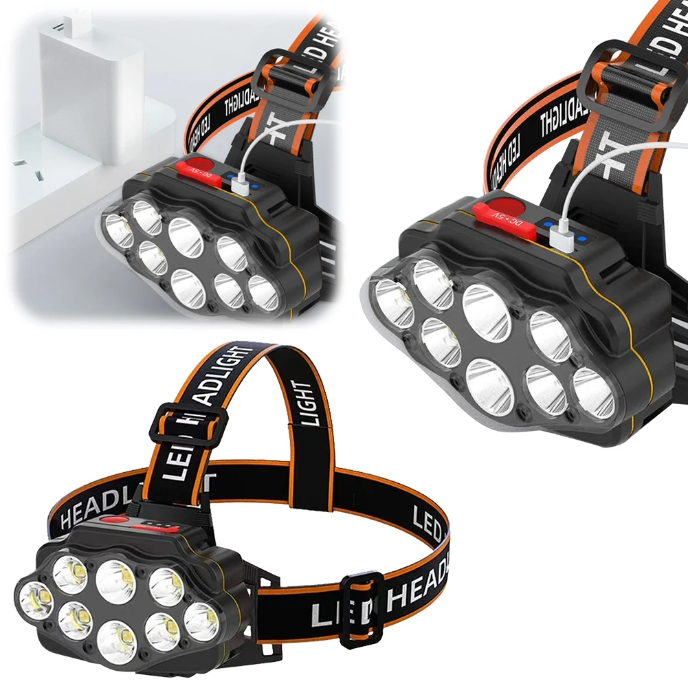 8LED ไฟฉายหัวที่มีประสิทธิภาพ USB ชาร์จโคมไฟหัวสว่างสูง 2400mAh Camping ค้นหาแสงสําหรับเดินป่าตั้งแคมป์กลางแจ้ง