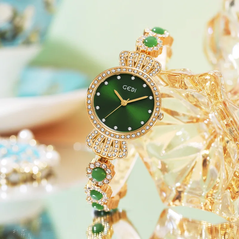 Goldie's niche vintage women's watch, light luxury high-end jade watch, ladies' full diamond crown quartz waterproof watch