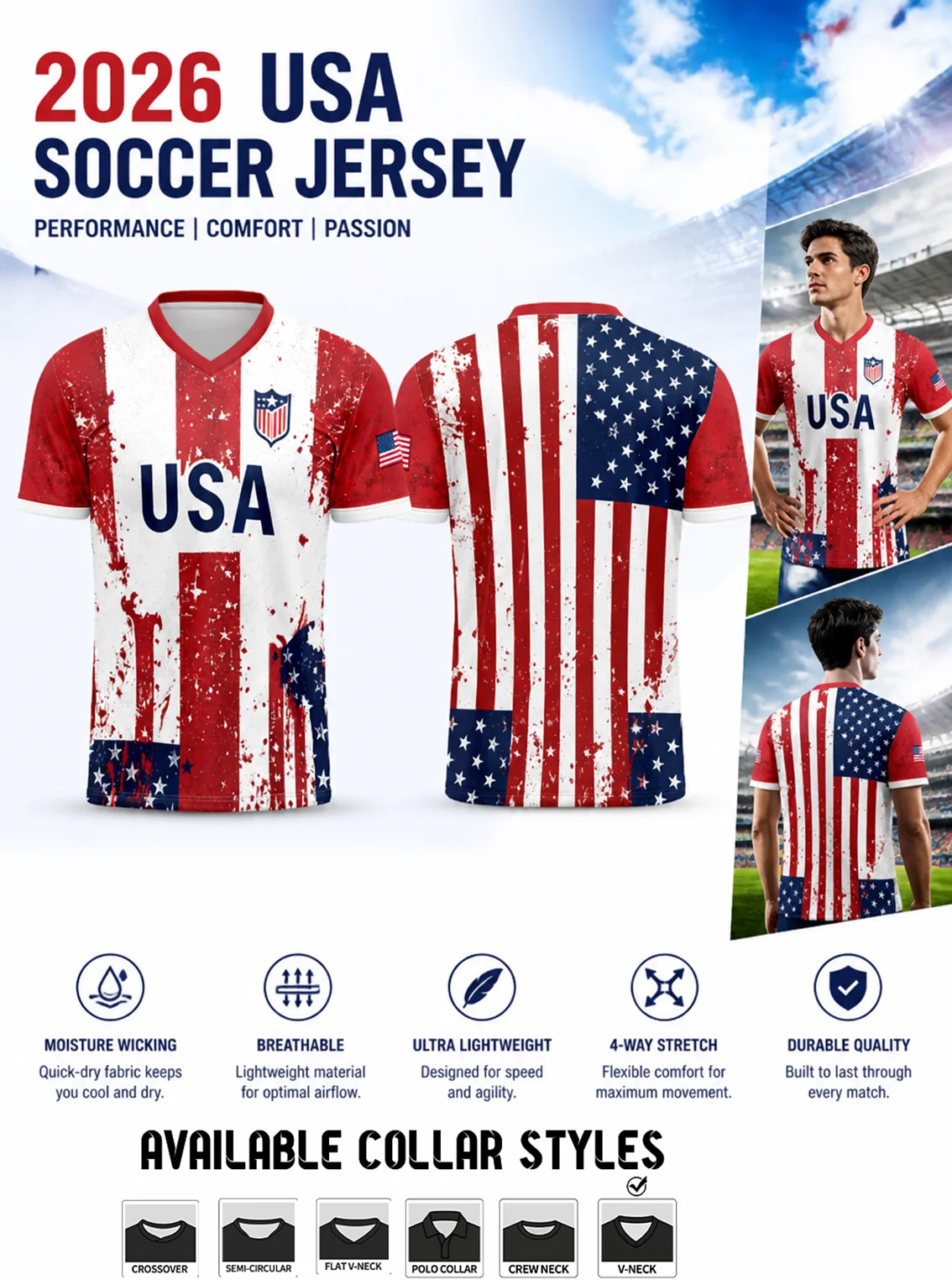 2026 USA V‑neck soccer jersey, vintage distressed flag print, bold USA letter logo, quick‑dry stretch fabric