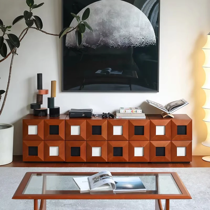 Retro color block solid wood TV cabinet with storage two drawers modular design