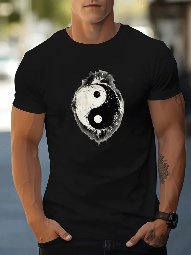 Vivid Red Male Crew Neck Tshirt Vintage Splash Ink Tai Chi Symbol Loose Fit Oriental Meditation Daily Short Sleeve Casual Outfit