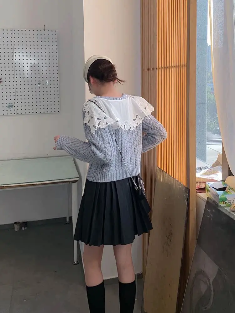 

Blue Bla Wool Ruffle Collar Removable Sweater Cardigan Women's Cotton Knitted Long Sve V-ne Button Regular Fit Winter ...