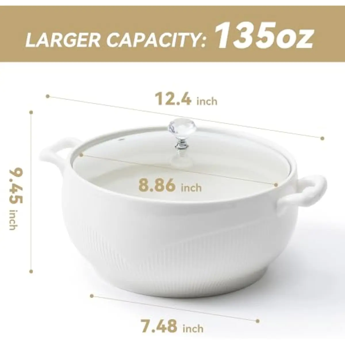 3.5L Large Ceramic Soup Tureen with Lid and Two Handles, Porcelain Serving Bowl Microwave Dishwasher Oven Safe for Home Kitchen