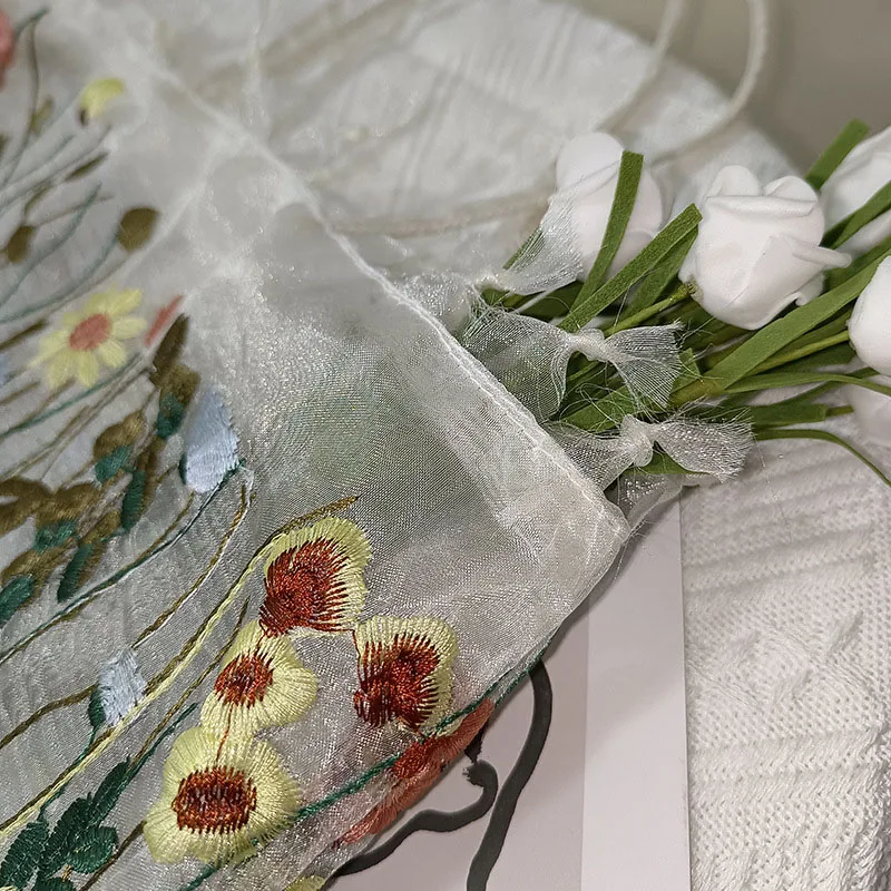 Women's Mesh Hand Embroidered Flower Shoulder Bag Portable Carrying Lace Tote Bag Artsy Antique Bag for Daily Use