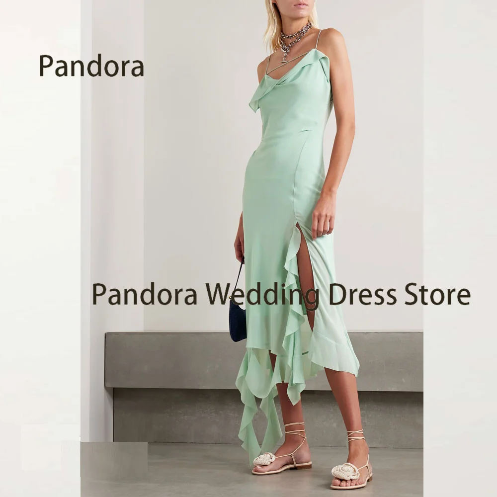 

Pandora Sexy Spaghetti Strap Tea-Length cocktail dress with pleated side slits backless A-LINE women's party formal evening gown