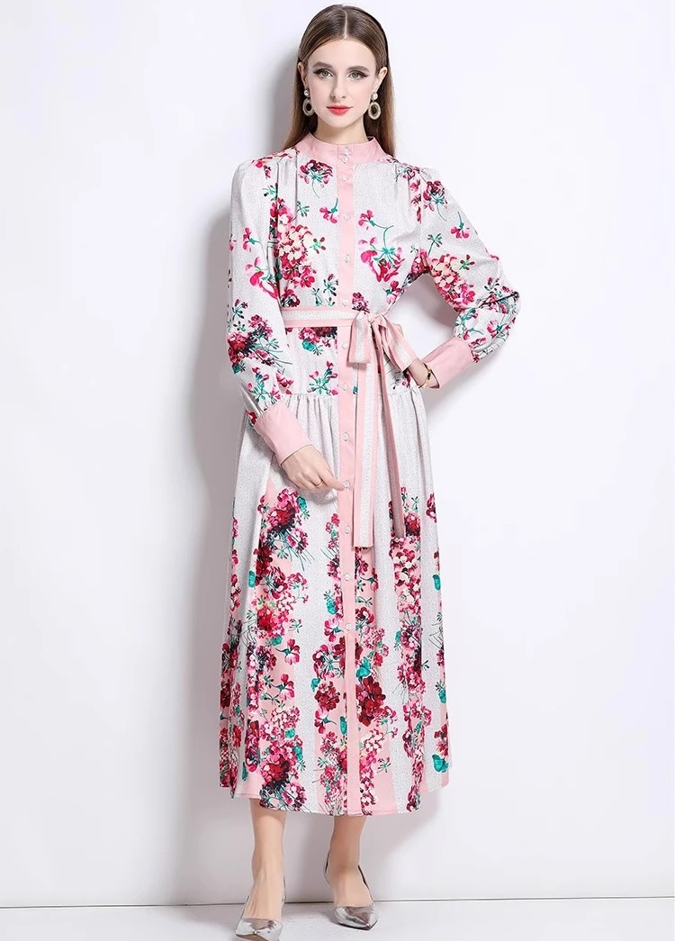 Elegant ฤดูใบไม้ร่วงแขนยาว Maxi ชุดเสื้อผู้หญิงเดี่ยวหลวมขนาดใหญ่ชุดดอกไม้หญิงสาย Casual Vestidos