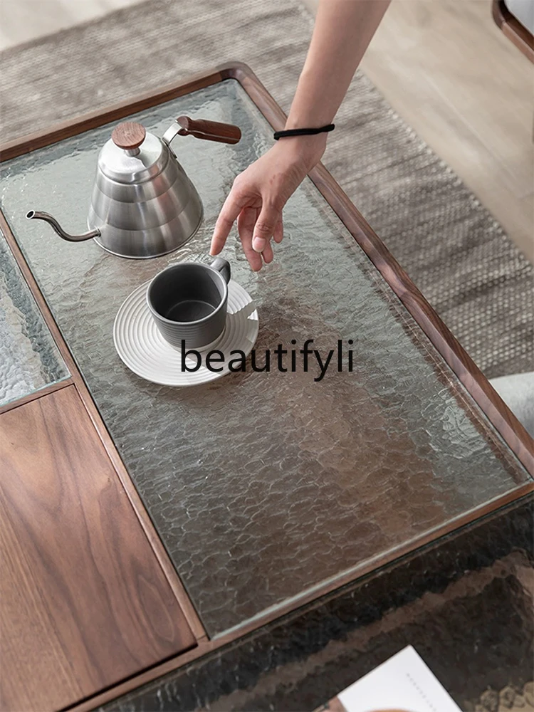 Tavolino da caffè in legno massello di noce nera nordica, superficie in vetro, semplicità moderna, tavolino da caffè per uso domestico con cassetti