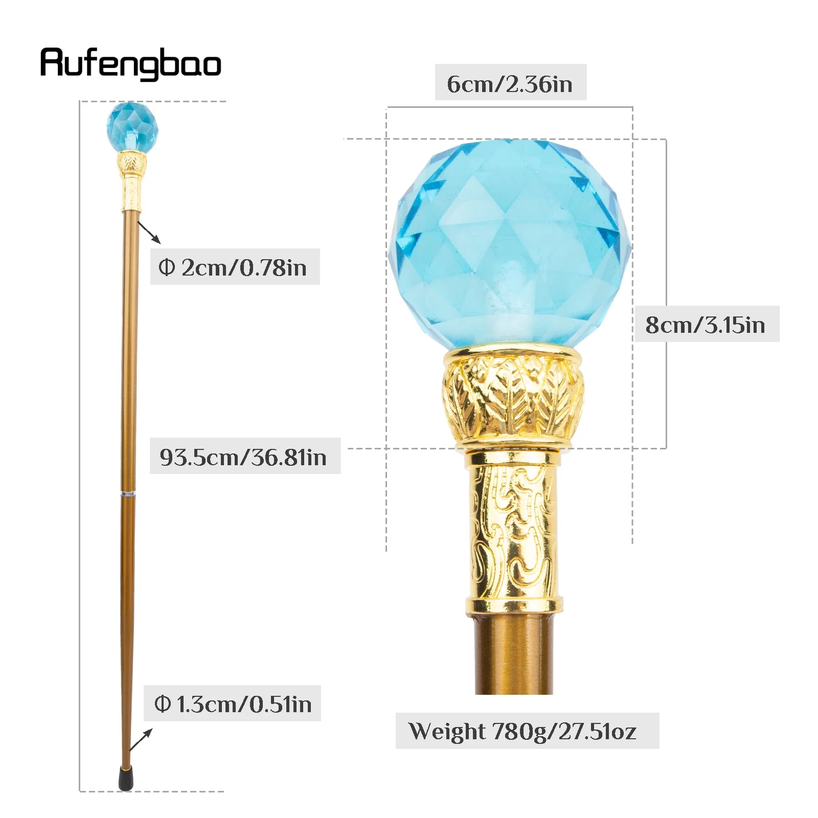 Blauw Kristalglas Gouden Wandelstok Mode Decoratieve Wandelstok Gentleman Elegant Cosplay Cane Crosier 93cm