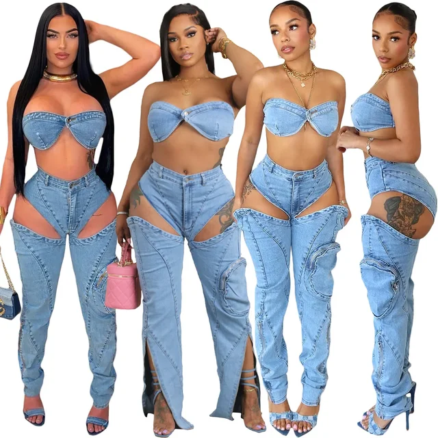 Zestawy spodni dżinsowych dla kobiet 2024 Seksowny dwuczęściowy zestaw Streetwear Stroje na klatkę piersiową Bez rękawów Top bez pleców Wydrążone dżinsy