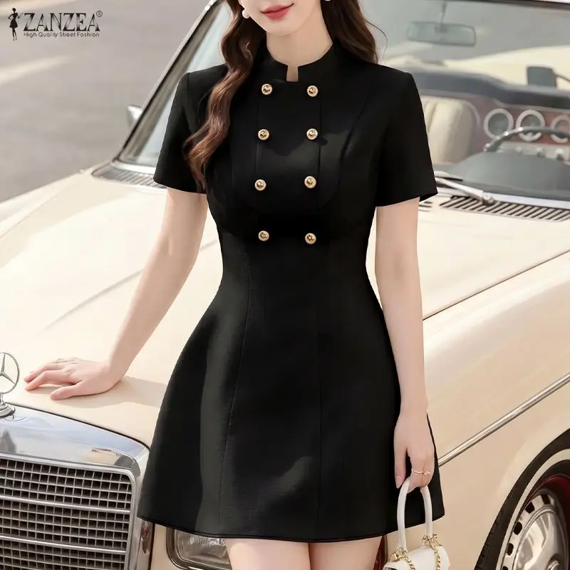 Minivestido elegante francés para mujer, cuello alto, manga corta, cintura ajustada, vestidos cortos ZANZEA, elegante vestido para oficina, cóctel, fiesta