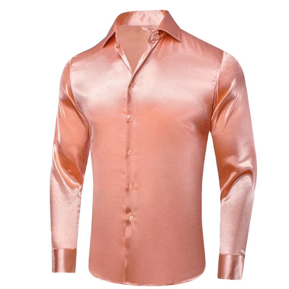 rose gold dress shirt Hi-Tie Plain Satin Silk Mens Shirts Long Sleeve Suit Casual Formal Blouse Pure Solid Peach Pink Mint White feature_Sweetheart