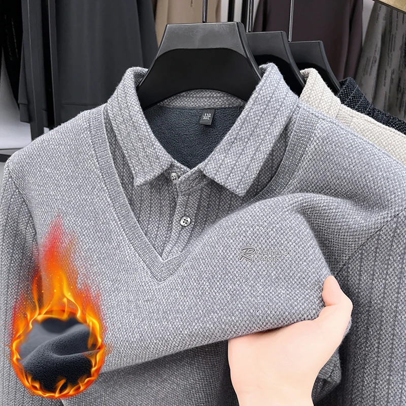 الرجال فو قطعتين الصوف مبطن سترة الأعمال عادية بولو البلوز الخريف الشتاء سميكة متماسكة البلوزات الشارع الشهير البلوز #1