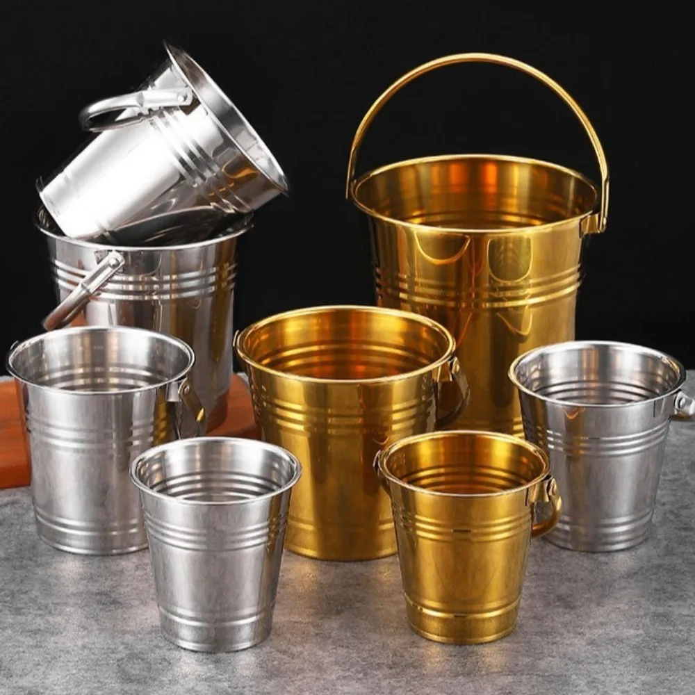 Multifunctional Stainless Steel Ice Bucket Thickened Round Champagne Bucket Portable with Handles Mini Metal Buckets Restaurant
