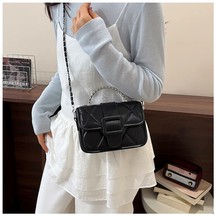 Korean Solid Color Women Flap Pu Shoulder Bags Versatile Thread Design Ladies Chain Crossbody Bag Simple Female Square Handbags