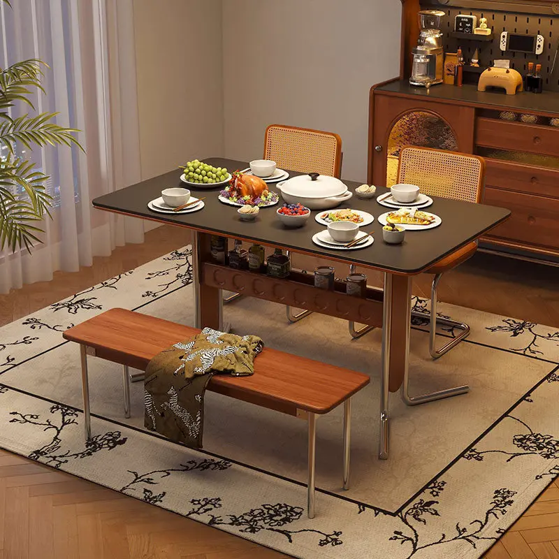 #French Retro Dining Table With Storage Shelf Wooden Trestle Table With Sintered Stone Top Metal Frame Vintage Kitchen Furniture