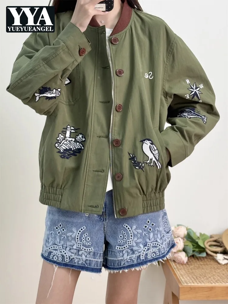 Vintage Women Autumn Pattern Embroidery Casual Jacket Single Breasted Boyfriend Style Loose Fit Bomber Jacket Streetwear Coats