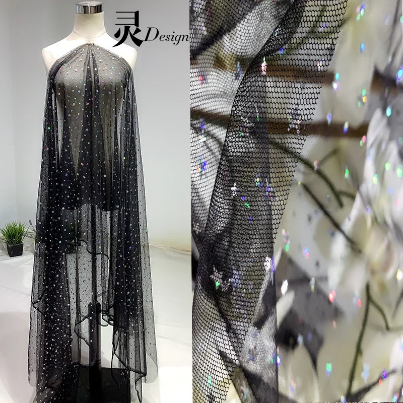 

Сетчатая ткань со звездами и блестками, градиентная светоотражающая свадебная одежда, дизайнерский фон, ткань для шитья своими руками, материал по метрам