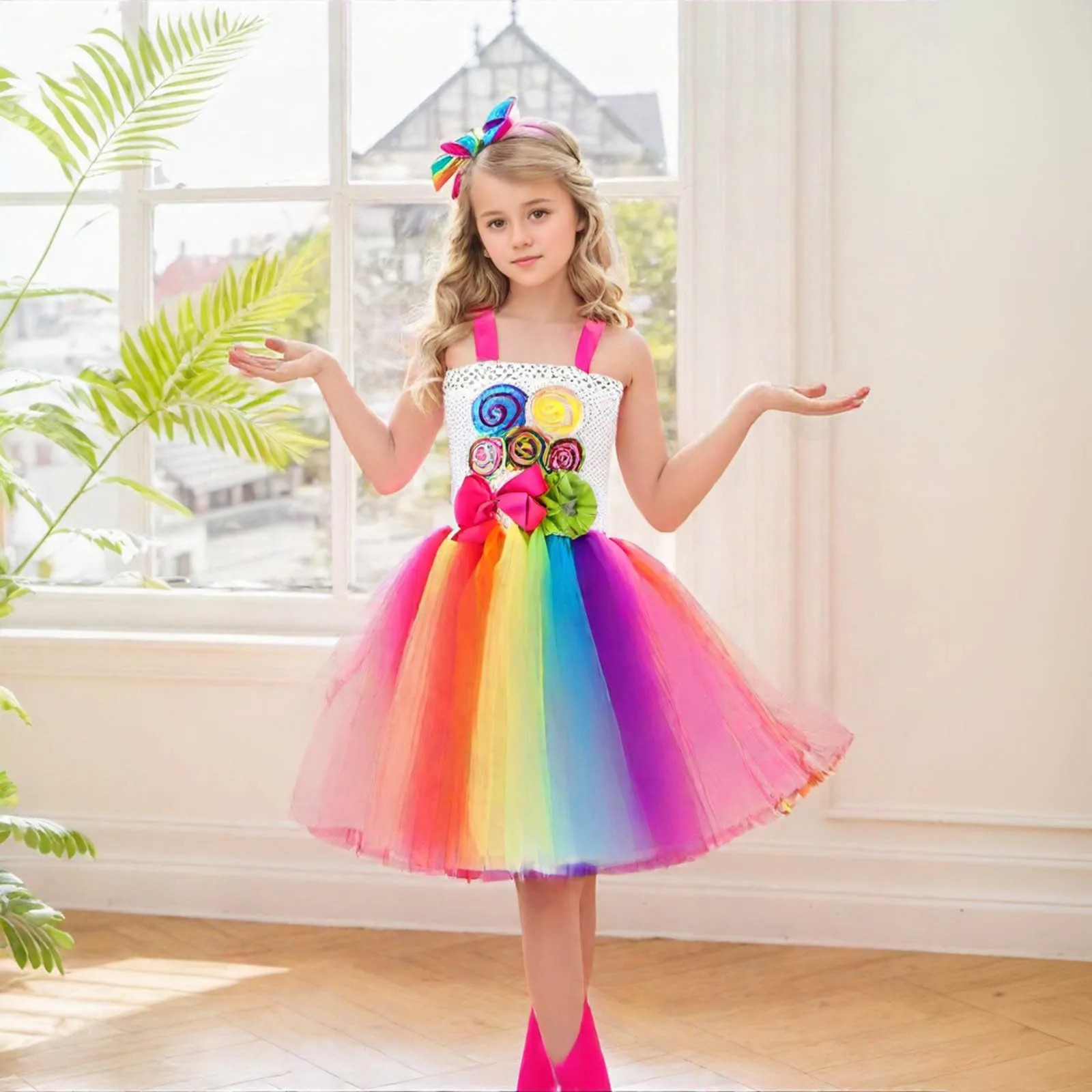 Carnival Kids Lollipop Rainbow Dresses Mesh Tutu Dresses Kid Disguise Candy For Girls Cosplay Costume Birthday Party Gift Dress