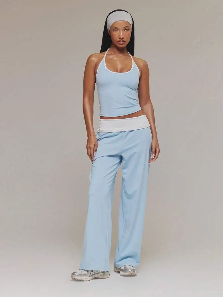

Aqua Contrast Halter Neck Crop Top And Wide Leg Active Pants Set For Workout Gym Pilates Fitness Casual