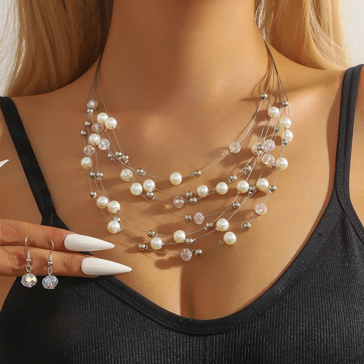 البوهيمي متعدد الطبقات قلادة طقم من الحلقان تقليد اللؤلؤ اليدوية مجموعات مجوهرات هدية للسيدات اكسسوارات ديكور يومي #5