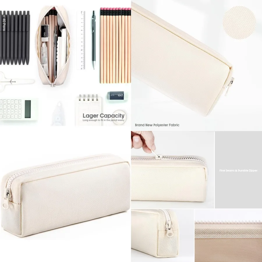

Big Capacity Pencil Case with Zipper for Adult Students and Officers Pure Color Pen Pouch for Stationery Storage in Cream White