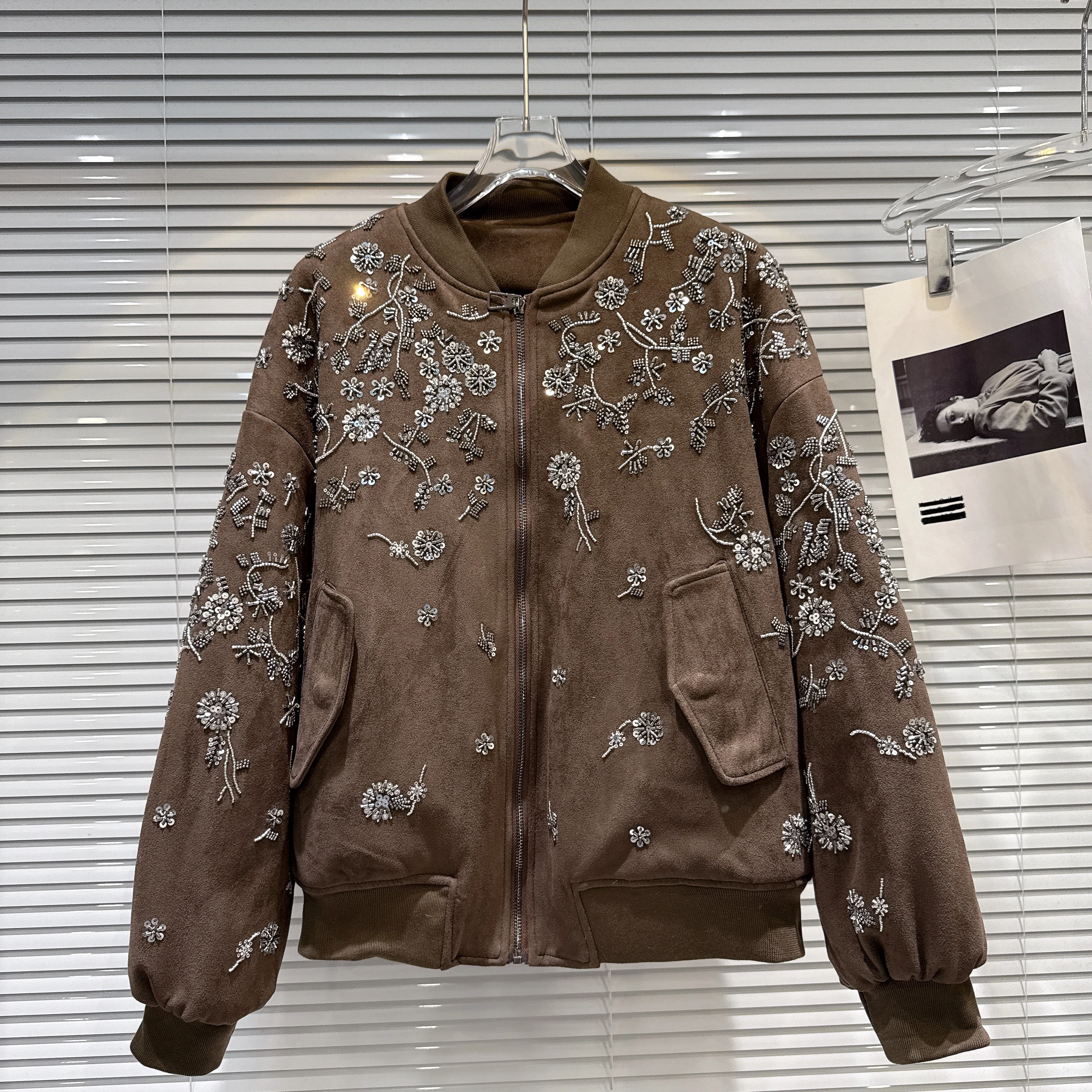 Vintage bordado miçangas camurça feminino algodão-acolchoado casaco oversize gola zip jaqueta de beisebol manga longa casacos acolchoados