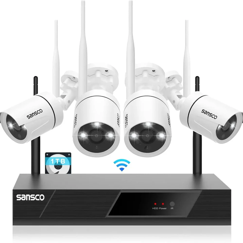 SANSCO Wireless Security Camera System 1TB Hard Disk 2K 8CH NVR 4 x 3MP WiFi Outdoor Waterproof Cameras with Mic Motion Alert