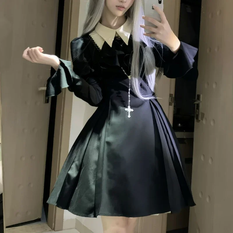 

Japanese Style Gothic Y2k Lolita Dress 2025 Harajuku Aesthetics Bow Long Sleeve Mini Dresses Female Punk Style Slim Party Dress