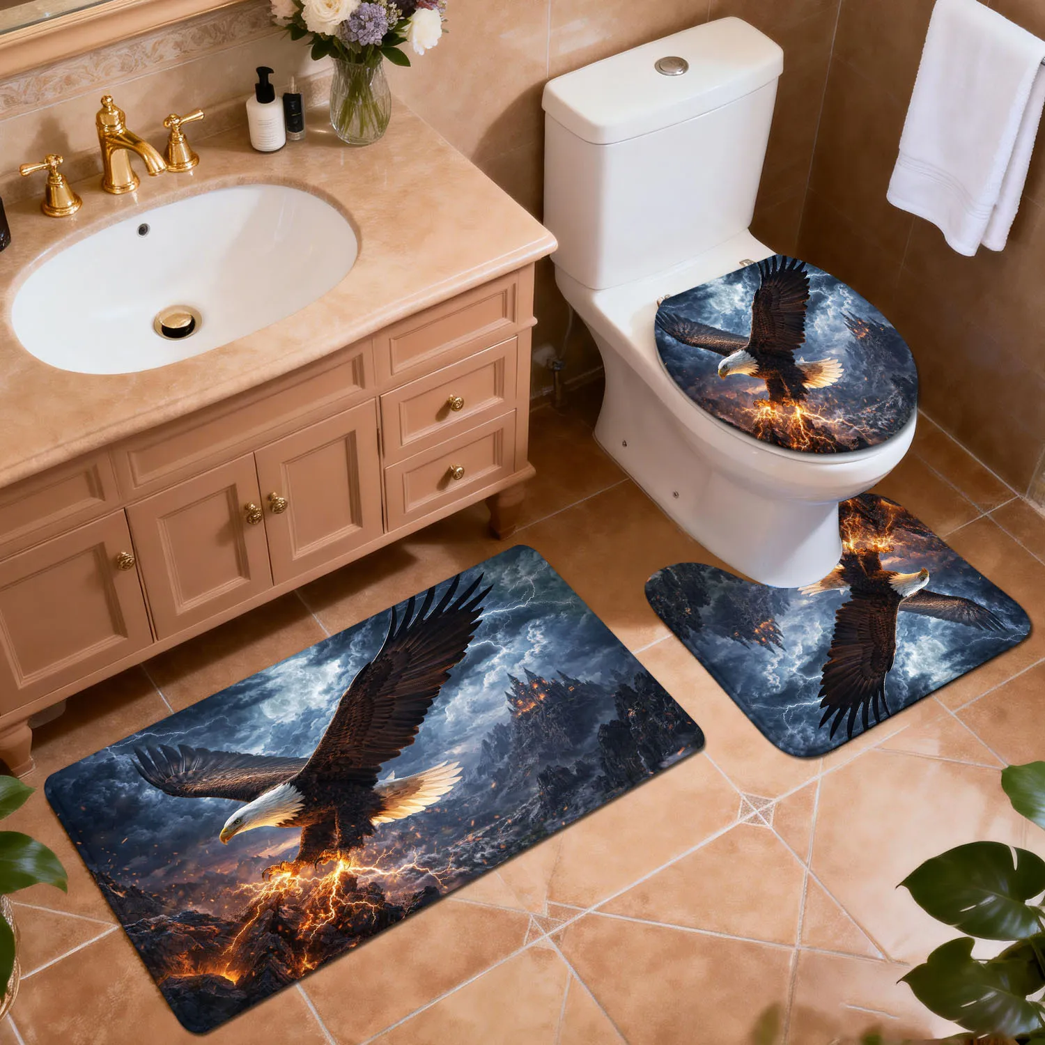 

Thunder Night Eagle Bathroom Floor Mat Set 3pcs Non-Slip Absorbent Toilet Lid Cover U-Shaped Rug and Home Entrance Mat