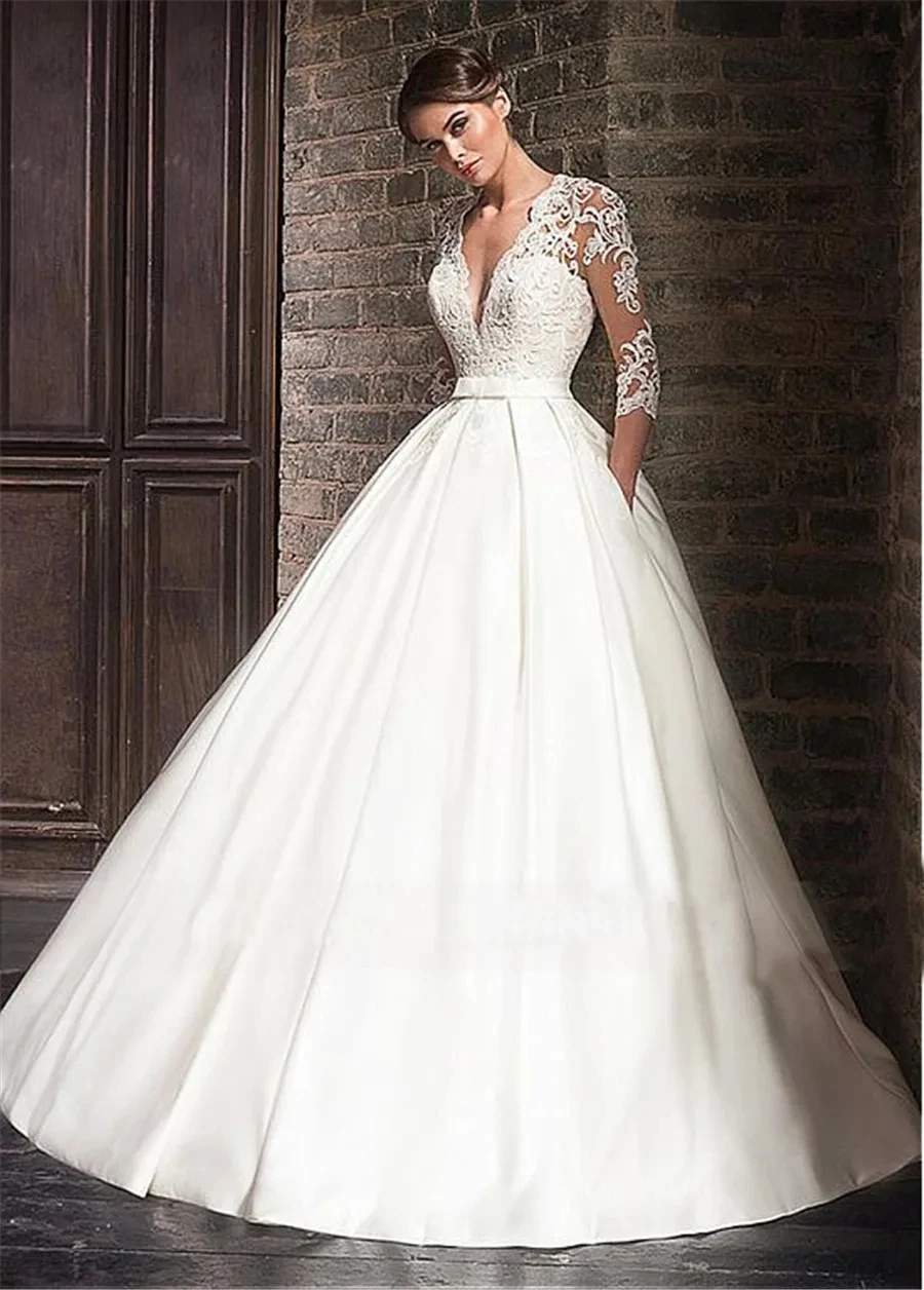 

Simple Wedding Dresses V Neck Long Sleeve Applique Lace Up Ball Gowns A Line Smooth Fluffy Satin Formal Bridal Beach Party Gala
