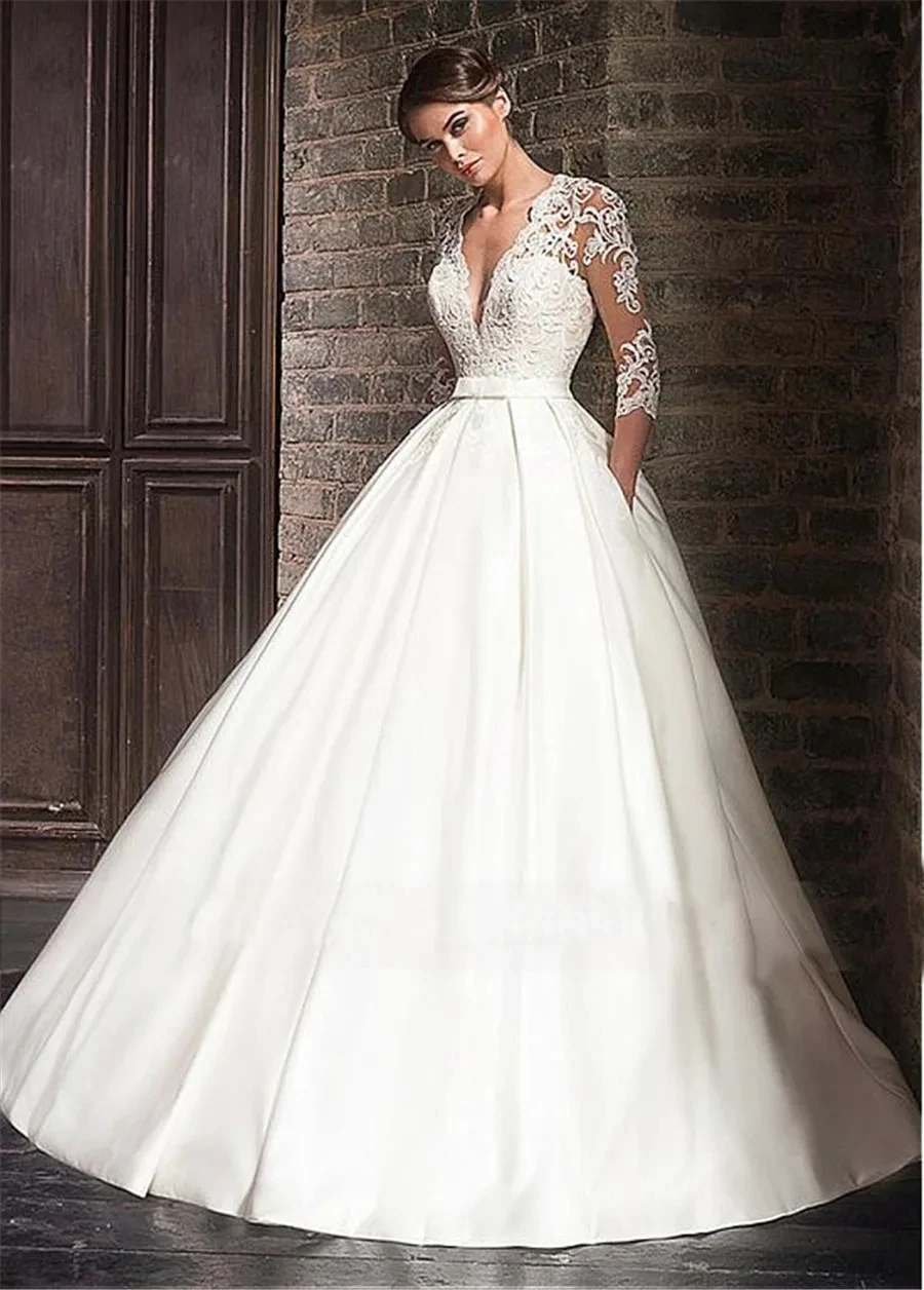 Simple Wedding Dresses V Neck Long Sleeve Applique Lace Up Ball Gowns A Line Smooth Fluffy Satin Formal Bridal Beach Party Gala