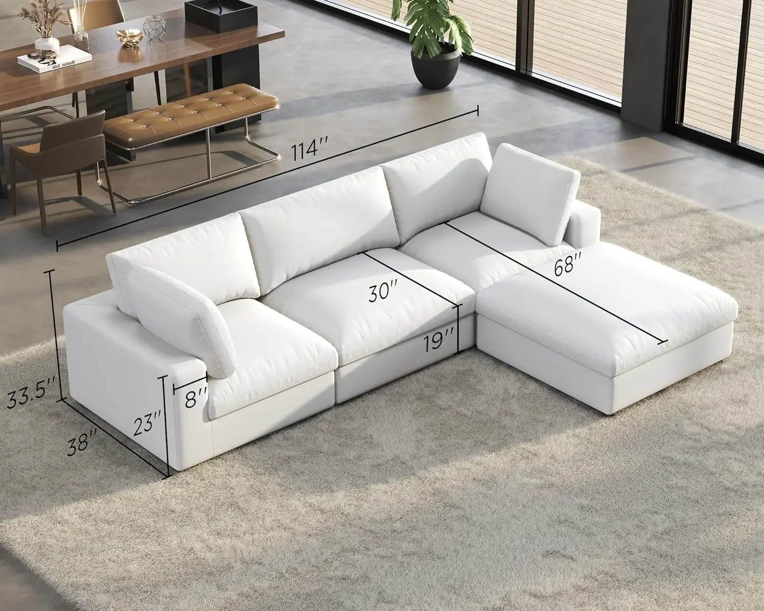 Modular Sectional Sofa, 114 Inches Oversized Down Filled Sectional Sofa, 4 Seats L Shaped Comfy Couch with Chaise, Ottoman,