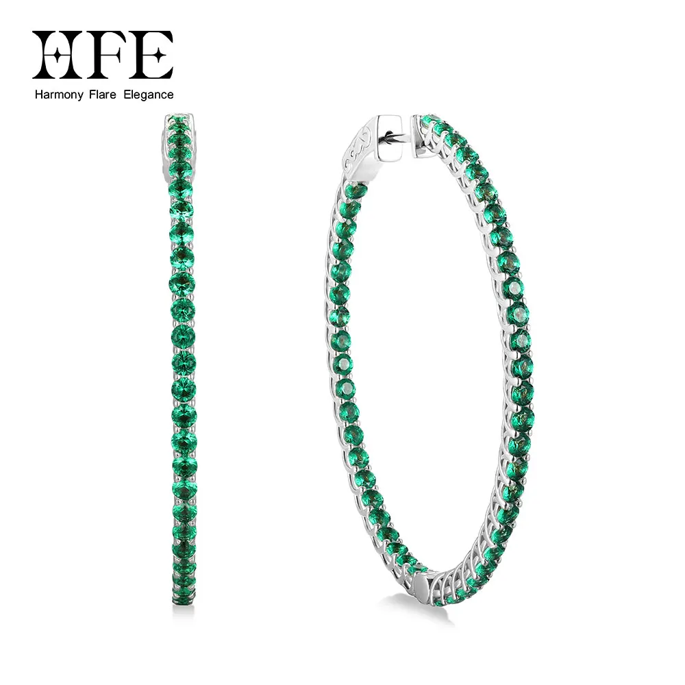 HFE Full Simulate Emerald 50mm Hoop Earrings for Women 925 Silver Needle Green Gem Hoops Daily Wear Party Trendy Jewelry Gift
