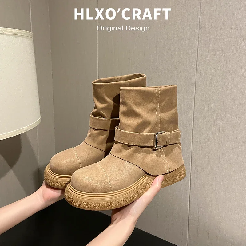 

Hot Sale Retro Versatile Large Size Ankle Boots 2025 New Women's Shoes Casual Slip-on Round Toe Solid Square Heel Women's Boots