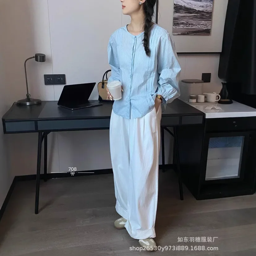 

Женская полосатая рубашка с длинным рукавом, ранняя весна 2025, корейский дизайн, свободный крой, повседневный стиль, укороченный топ с круглым вырезом O19