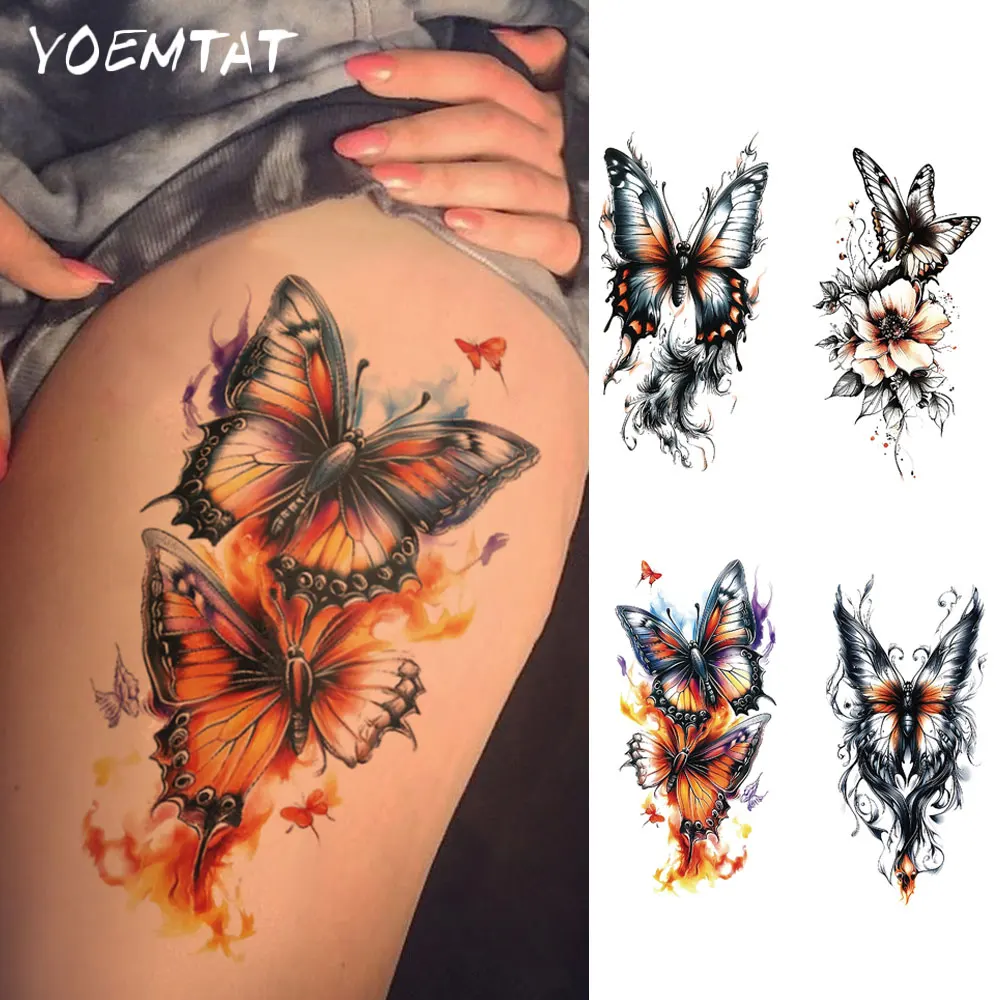 

Colorful Fantasy Butterfly Waterproof Temporary Tattoo Sticker Flower Lily Rose Peony Body Art Arm Fake Tattoos Sleeve Women Men