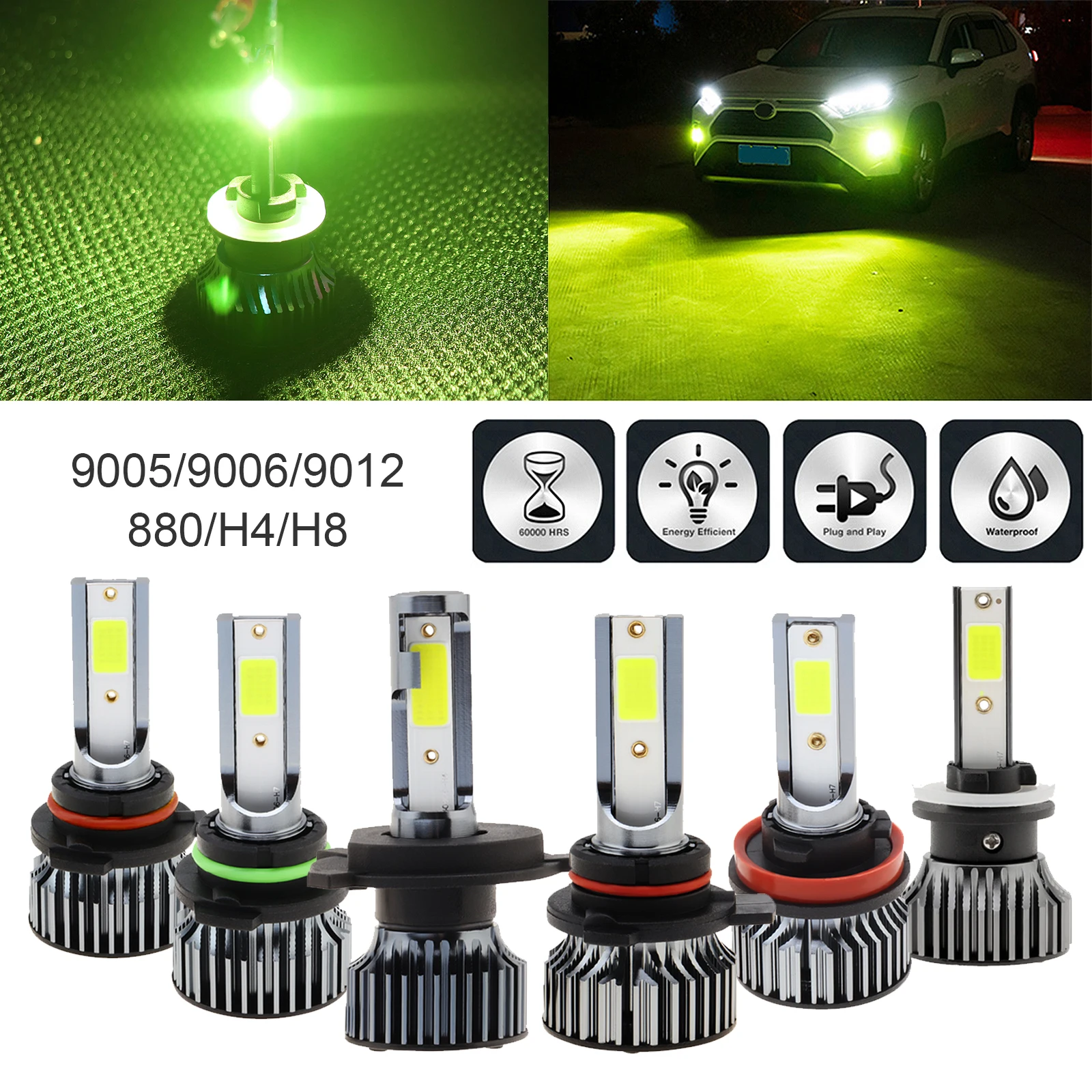 1 pc 100W H8/H9/H11/880/881/5202/ 9006/HB4/9005/HB3 Lemon Green Car LED Fog Light Bulbs Plug and Play Auto Repcement LED Bulbs