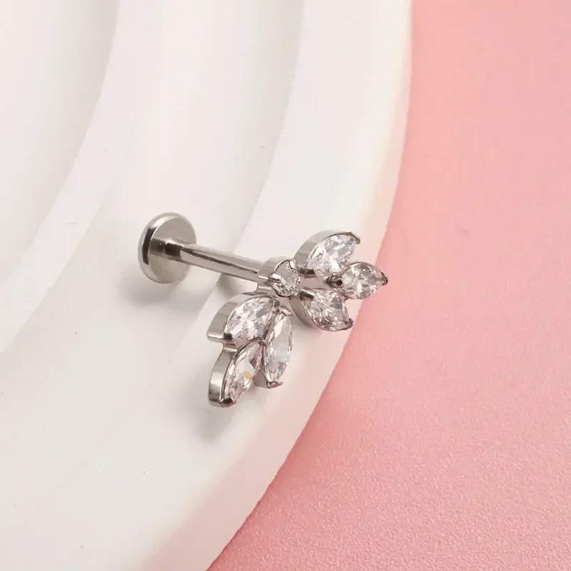 ASTM F136 Titanium 16G 18G EAR Leaf Shape with CZ Top Cartilage Tragus Earrings Ear Lip Helix Studs Tongue Nail Piercing Jewelry