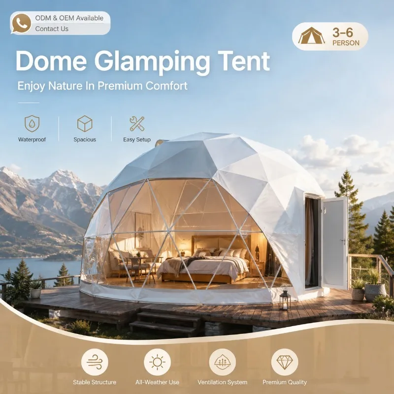 Outdoor 4‑Season Geodesic Igloo Dome Tent Winter Windproof Glamping Tent with Transparent Roof Stove Bathroom for Campsite