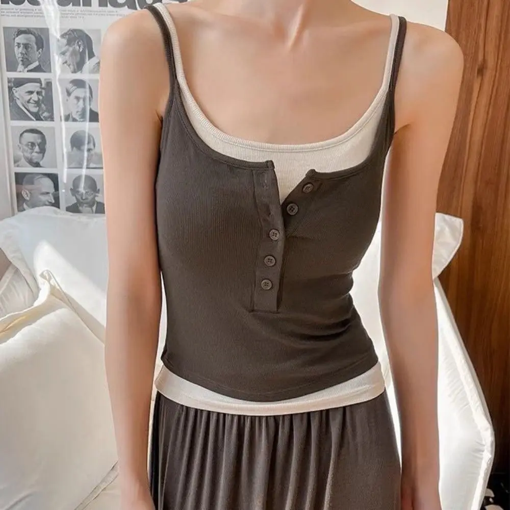 Fashion False Two-piece Camisole Vest Strappy Sexy Design Crop Top Slim Fit Inner Layer Top Daily Wear