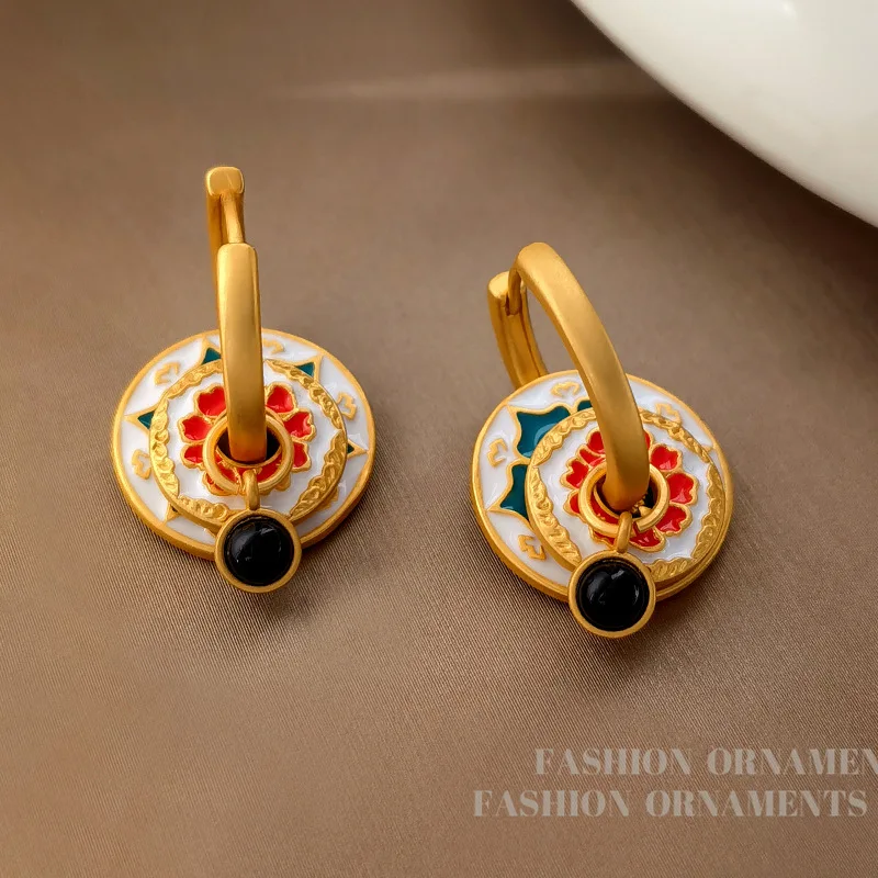 

Vintage Women Designer Drop Oil Flower 18k Gold Plated Dangle Earrings Set , Woman Chinese Style Ear Accessories Gift